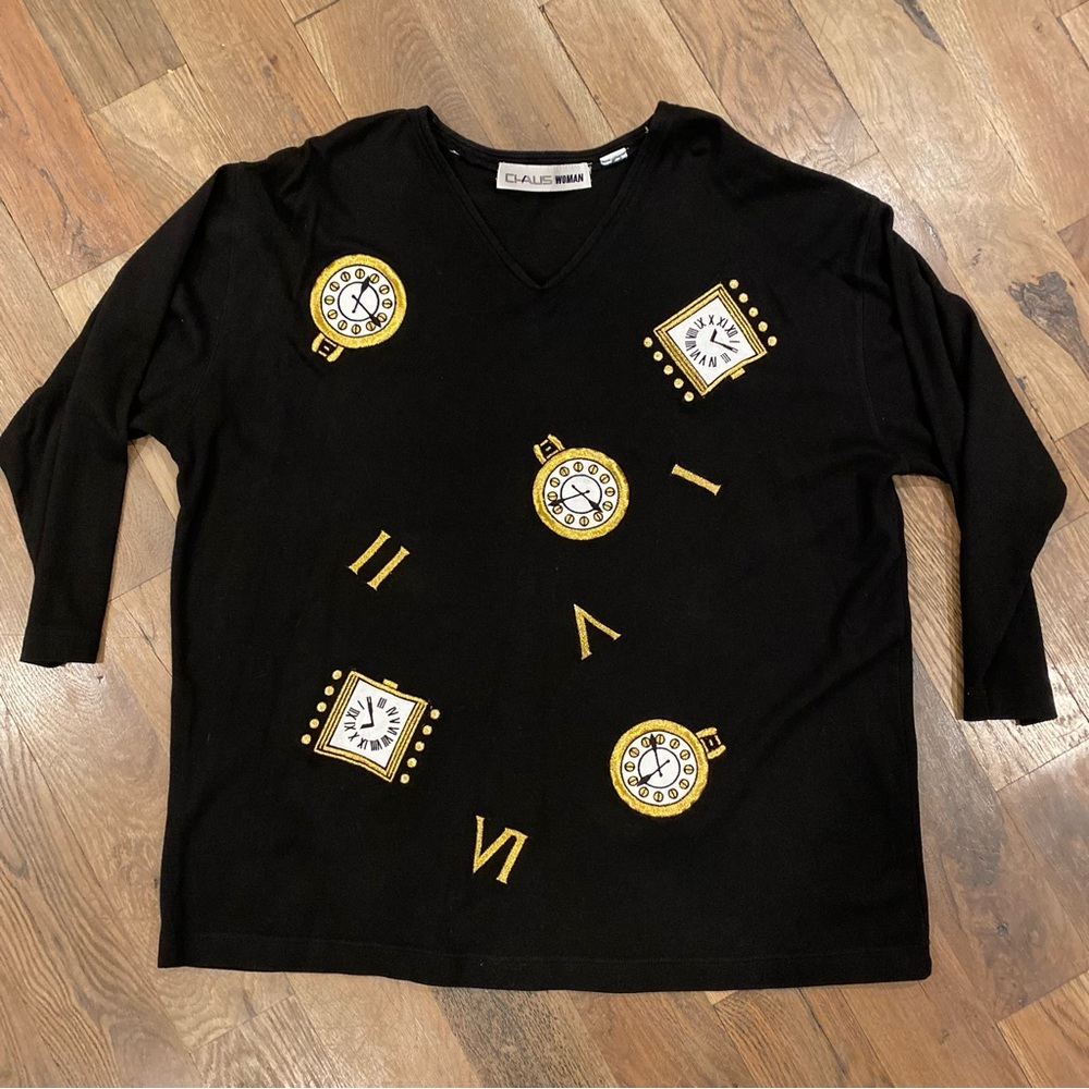 Chaus Womens Black Gold Embroidered Clock Sweater Size 2XL